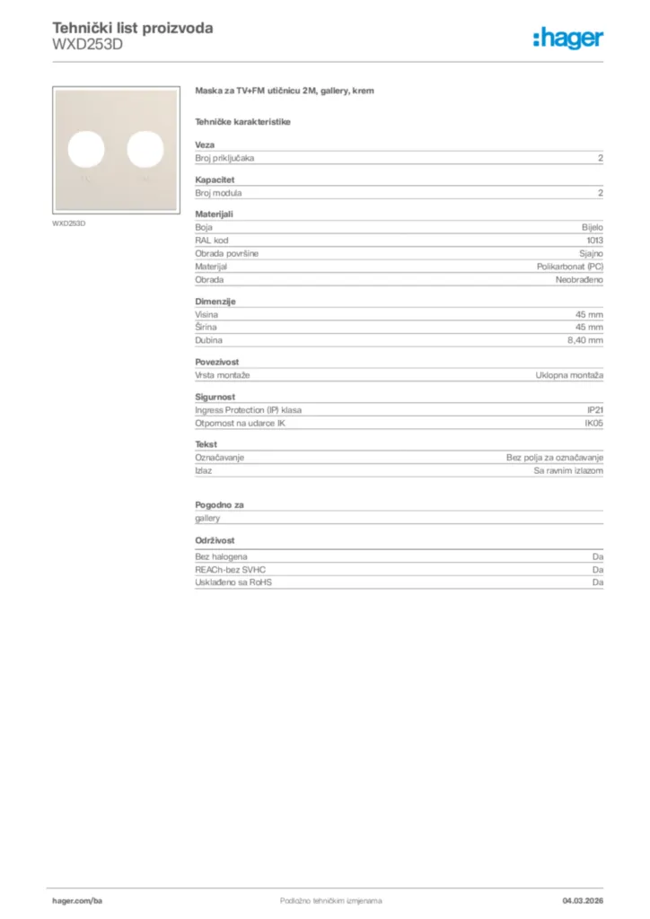 Slika Hager Tehnički list proizvoda WXD253D  | Hager