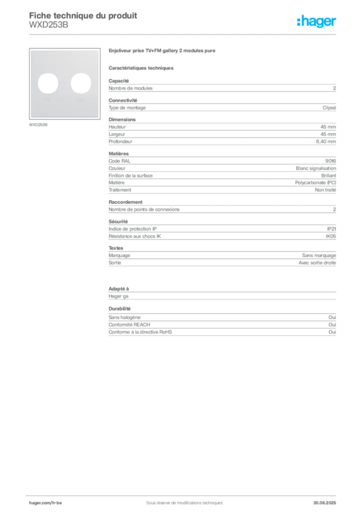 Image Hager Fiche technique du produit WXD253B | Hager Belgique