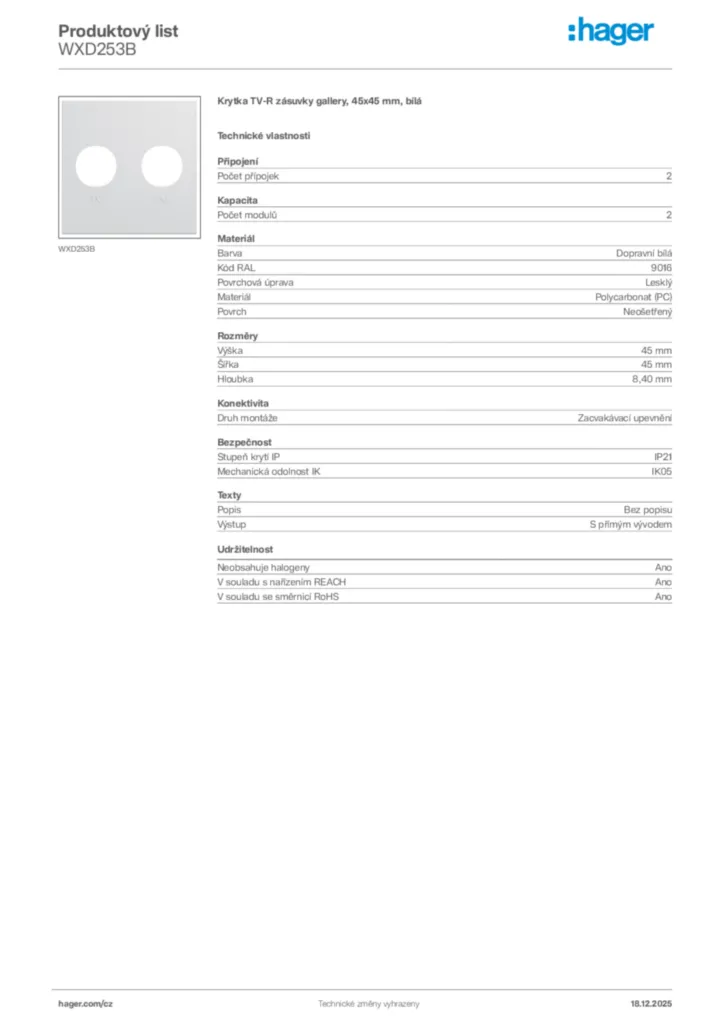 Obrázek Hager Produktový list WXD253B | Hager
