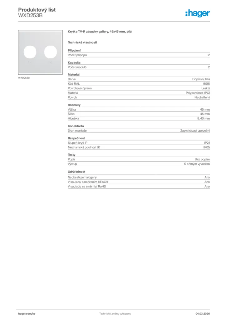 Obrázek Hager Product data sheet WXD253B | Hager