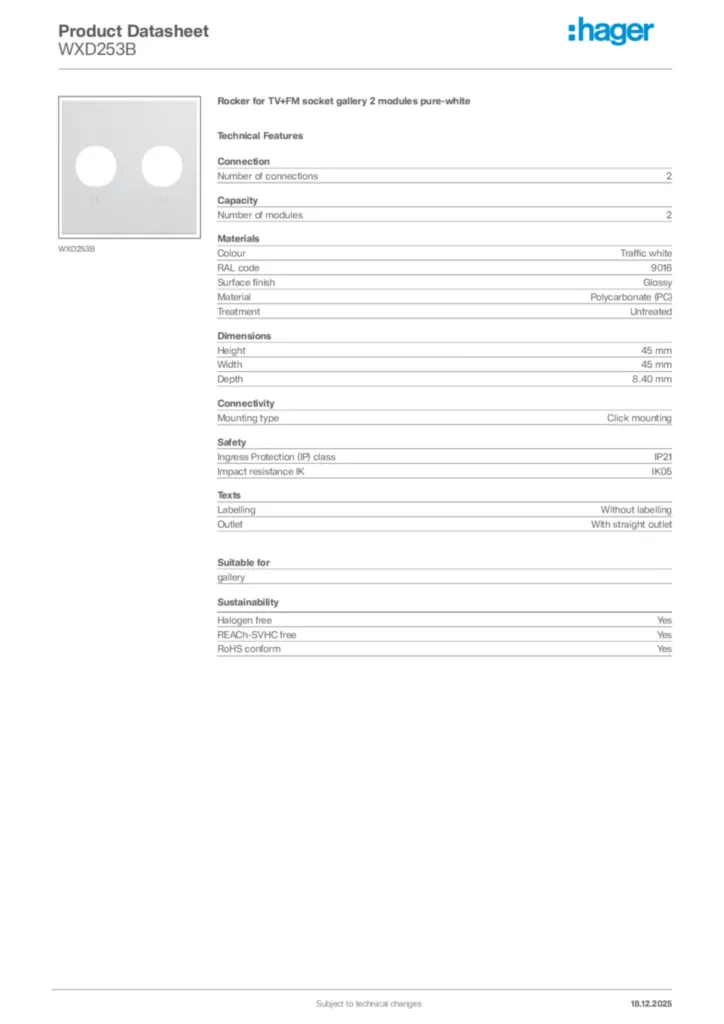 Image Hager Product data sheet WXD253B  | Hager