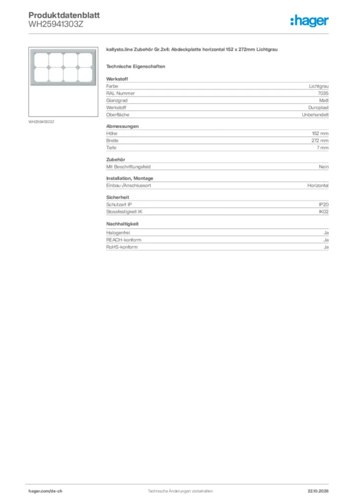 Bild Hager Produktdatenblatt WH25941303Z | Hager Schweiz