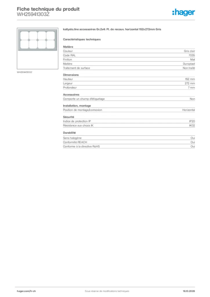 Image Hager Fiche technique du produit WH25941303Z | Hager Suisse