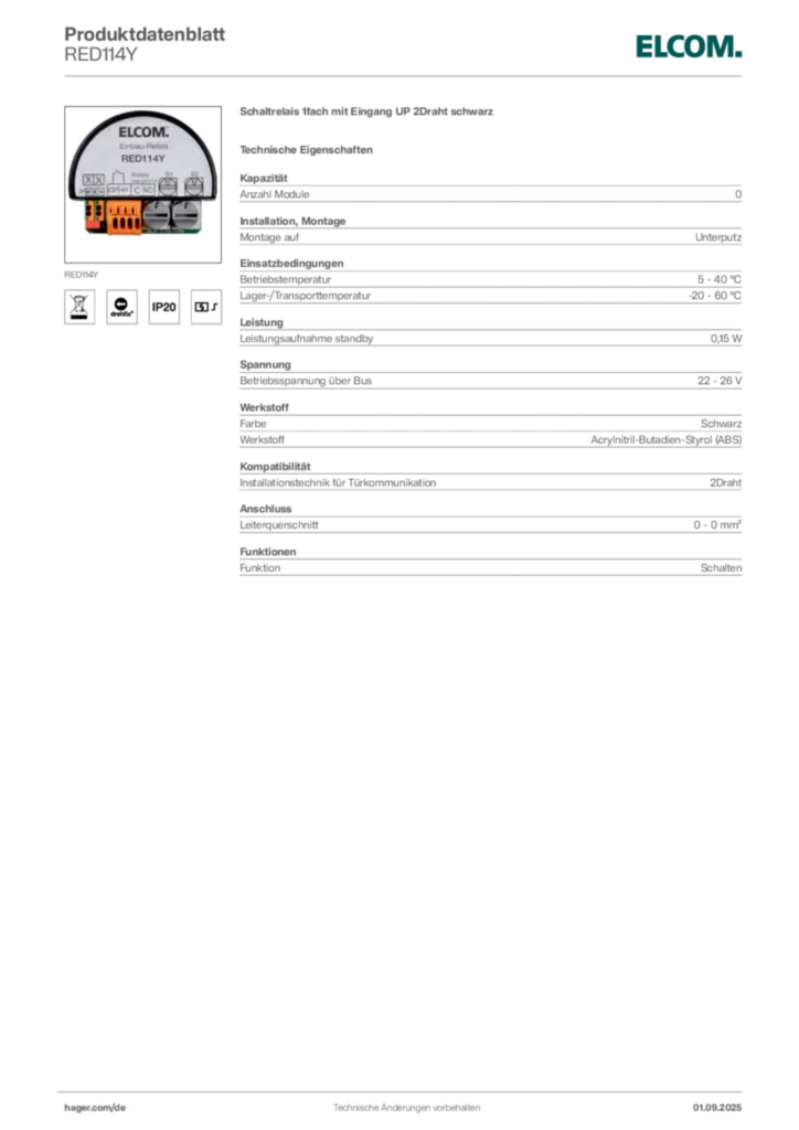 Bild Elcom Produktdatenblatt RED114Y | Hager Deutschland