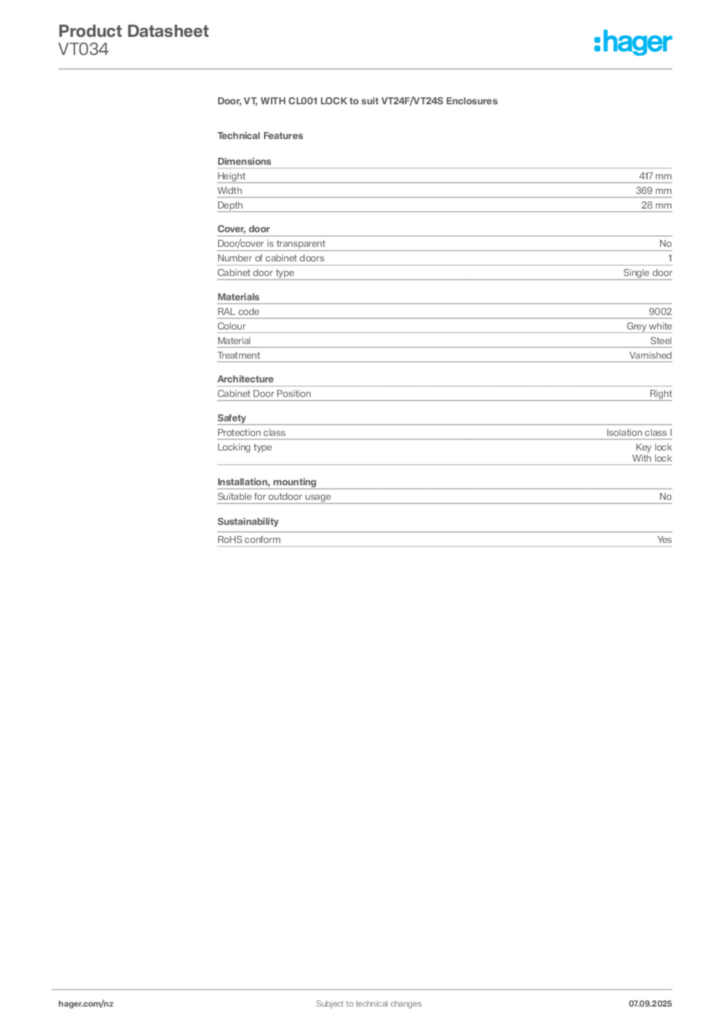Image Hager Product data sheet VT034  | Hager New Zealand