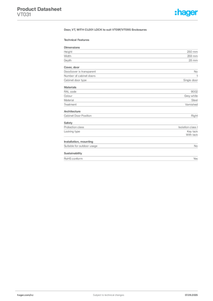 Image Hager Product data sheet VT031  | Hager New Zealand