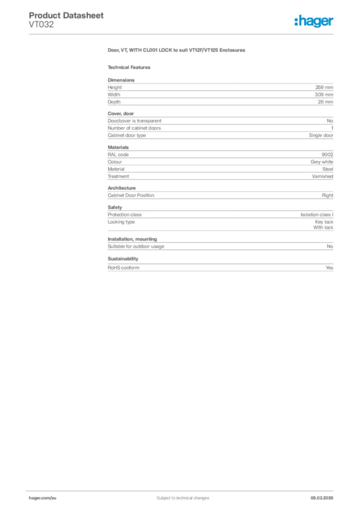 Image Hager Product data sheet VT032  | Hager Australia