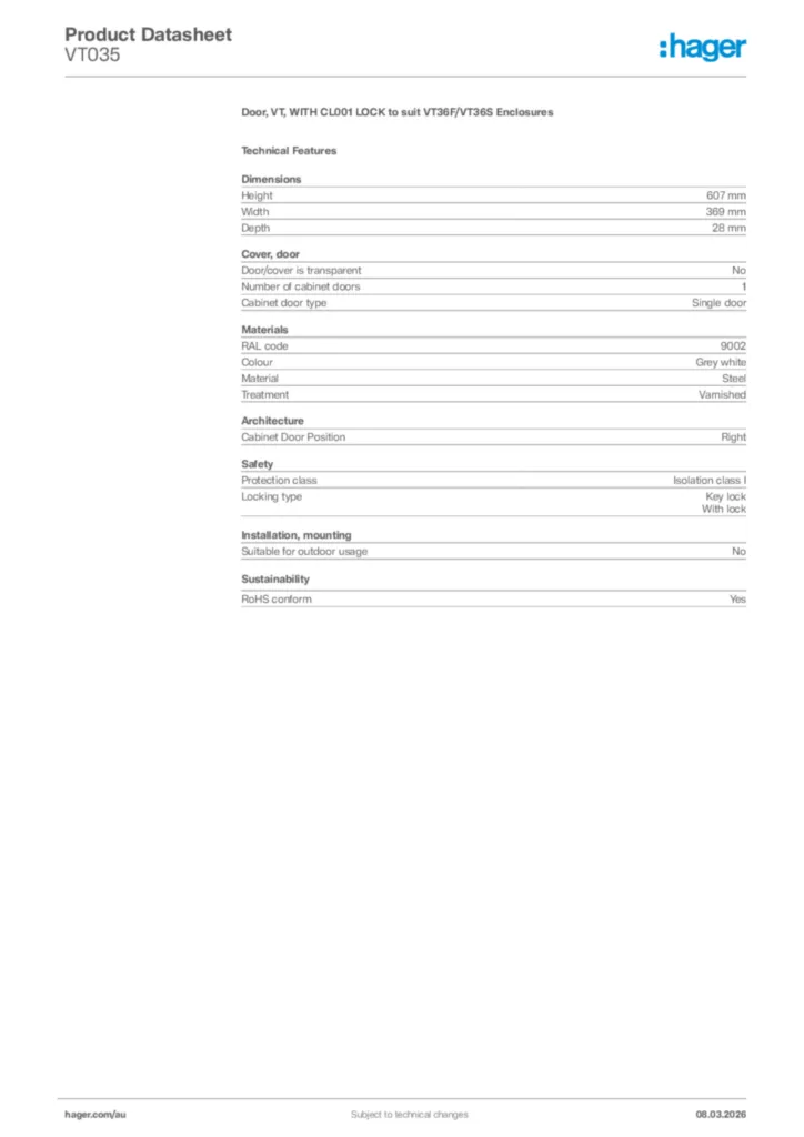 Image Hager Product data sheet VT035  | Hager Australia
