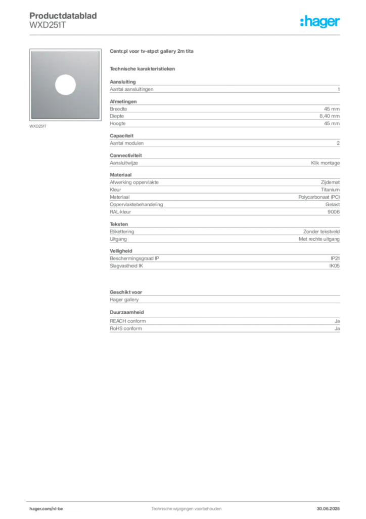 Afbeelding Hager Productdatablad WXD251T | Hager Belgium