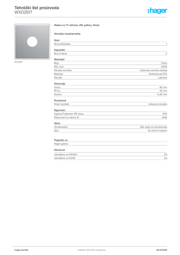 Slika Hager Product data sheet WXD251T  | Hager