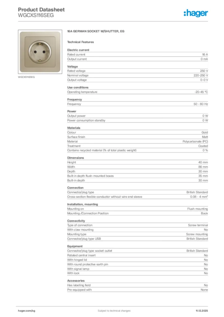 Image Hager Product data sheet WGCXS116SEG  | Hager