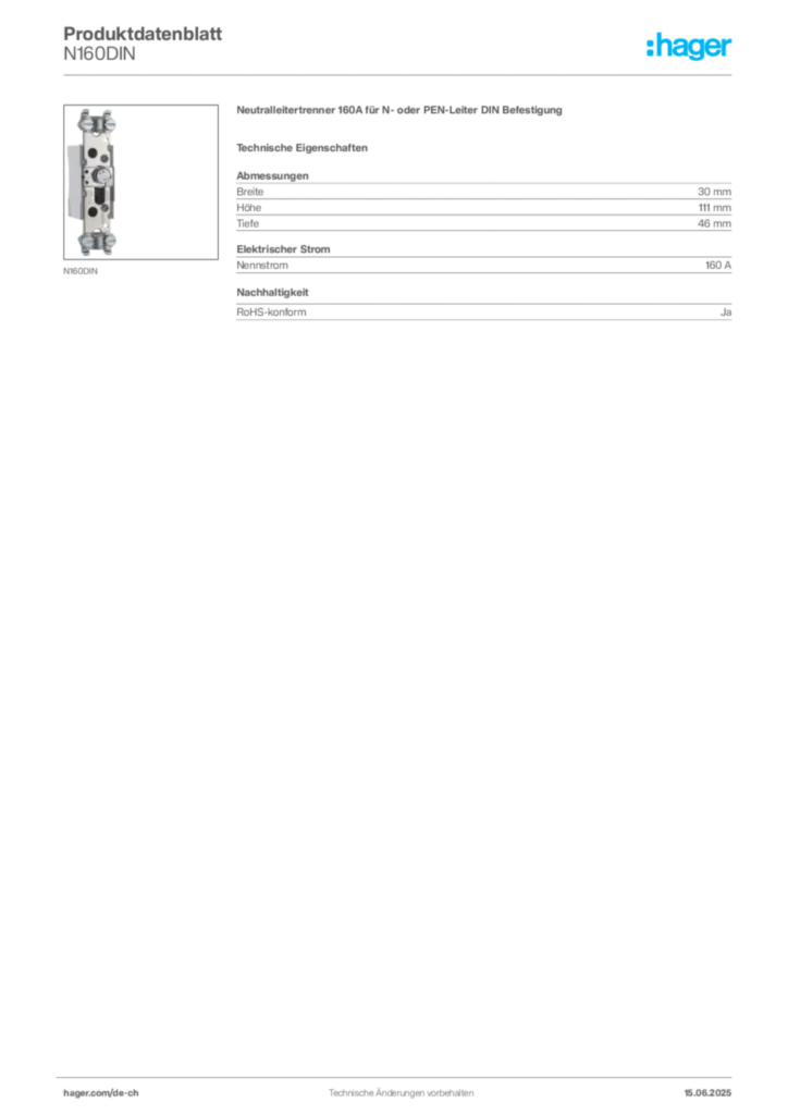 Bild Hager Produktdatenblatt N160DIN | Hager Schweiz