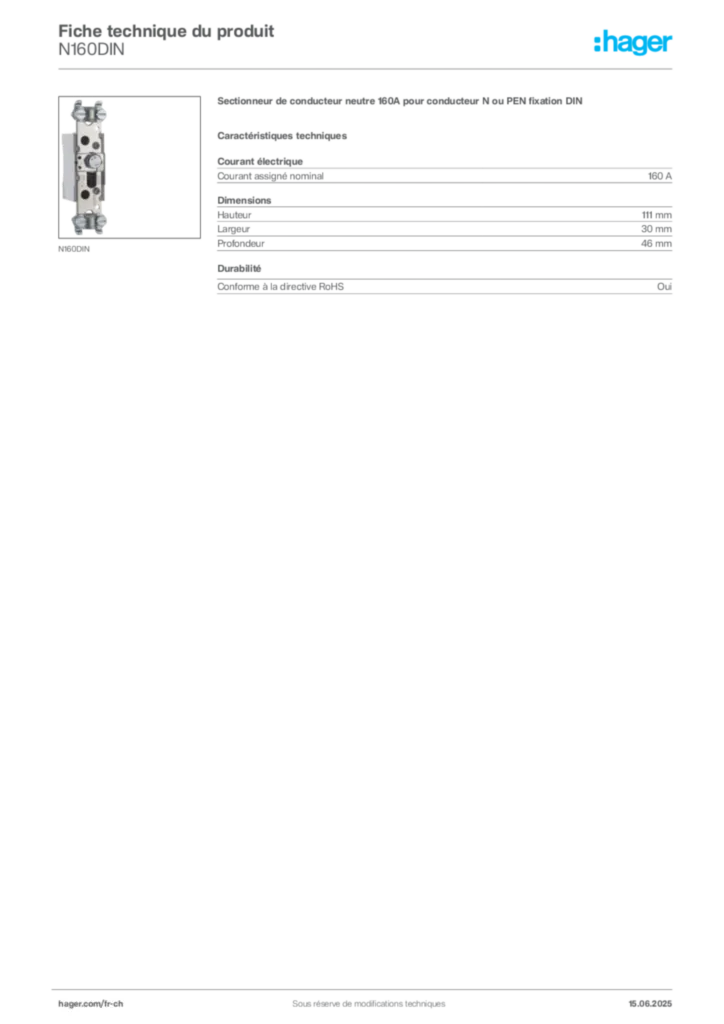 Image Hager Fiche technique du produit N160DIN | Hager Suisse