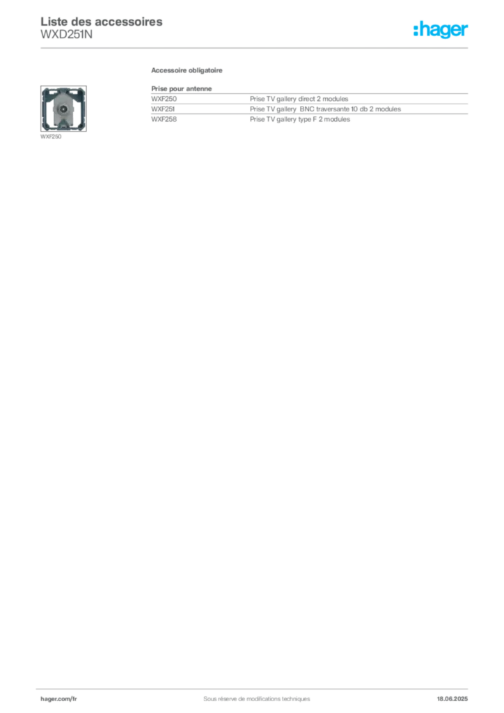 Image Hager Fiche technique du produit WXD251N | Hager France