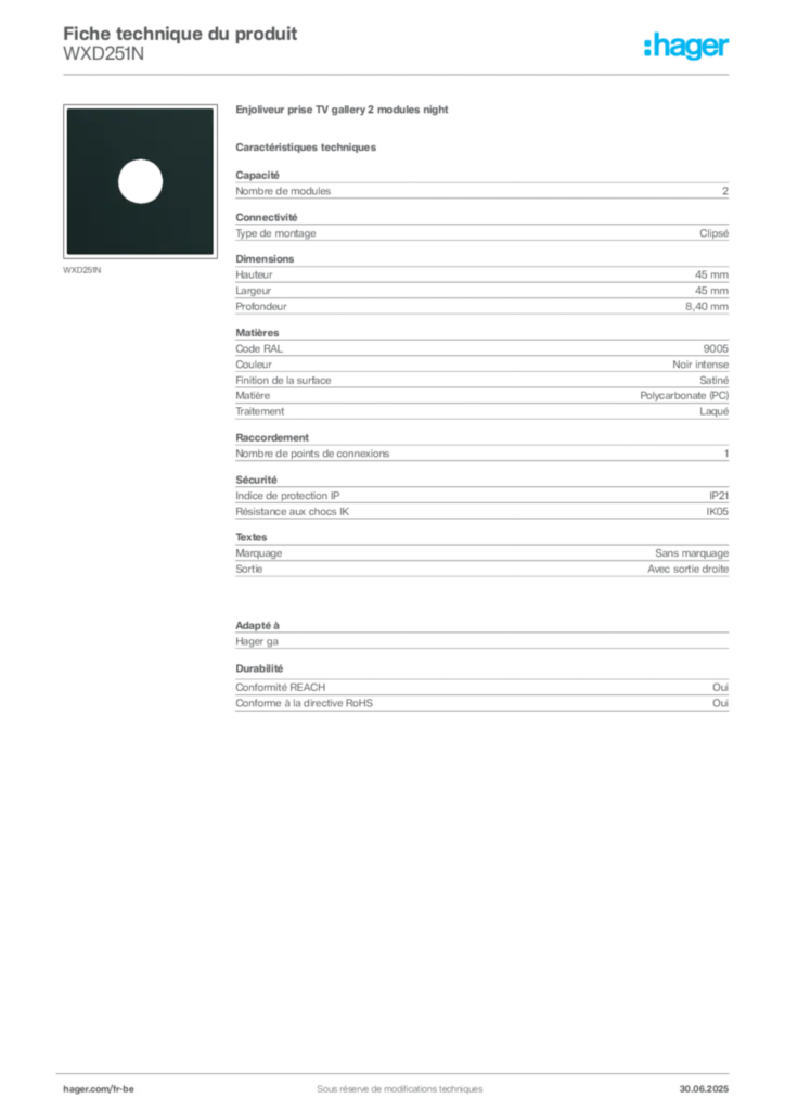 Image Hager Fiche technique du produit WXD251N | Hager Belgique