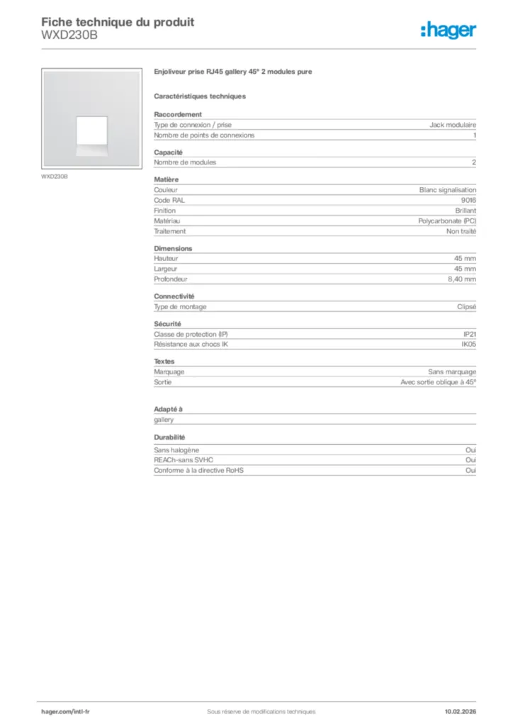 Image Hager Fiche technique du produit WXD230B | Hager Afrique