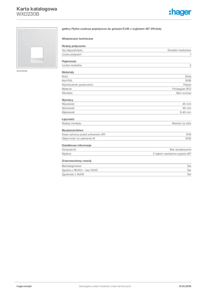 Zdjęcie Hager Karta katalogowa WXD230B | Hager Polska