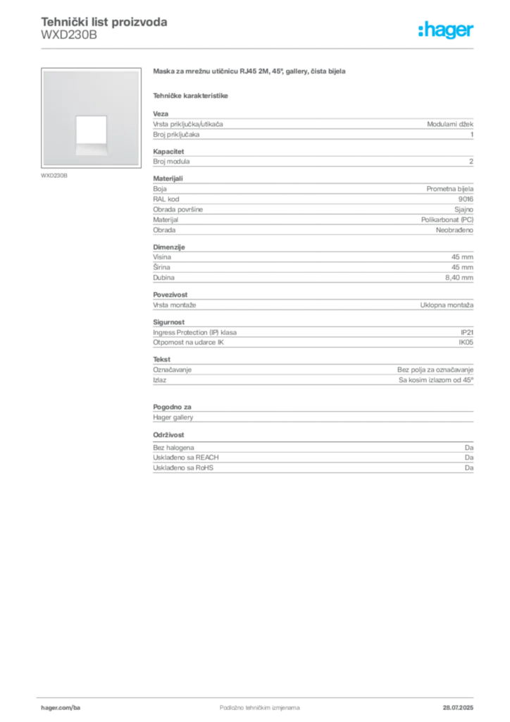 Slika Hager Product data sheet WXD230B  | Hager