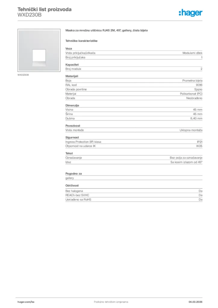 Slika Hager Tehnički list proizvoda WXD230B  | Hager
