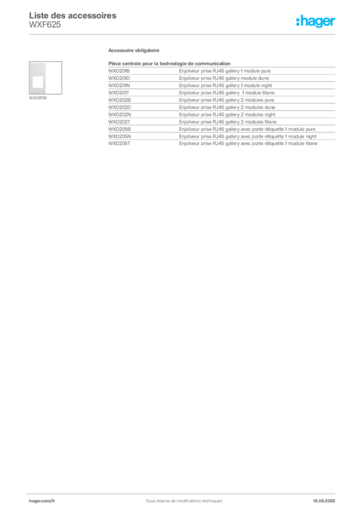 Image Hager Fiche technique du produit WXF625 | Hager France