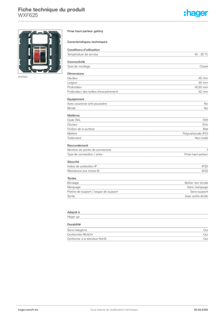 Image Hager Fiche technique du produit WXF625 | Hager Belgique
