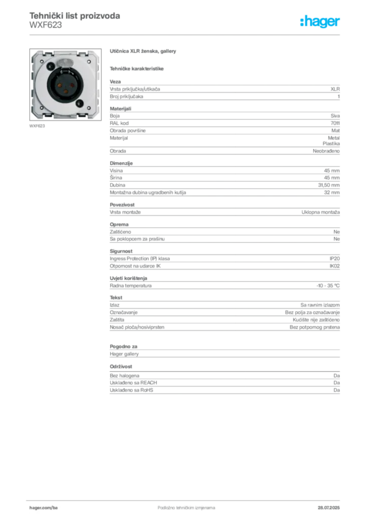 Slika Hager Product data sheet WXF623  | Hager