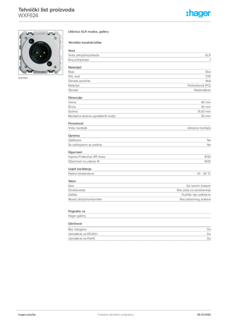 Slika Hager Product data sheet WXF624  | Hager