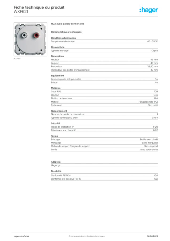 Image Hager Fiche technique du produit WXF621 | Hager Belgique