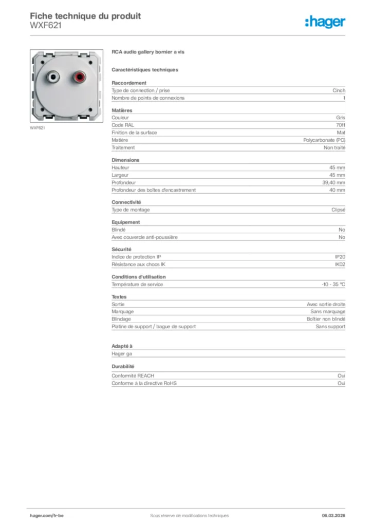 Image Hager Fiche technique du produit WXF621 | Hager Belgique