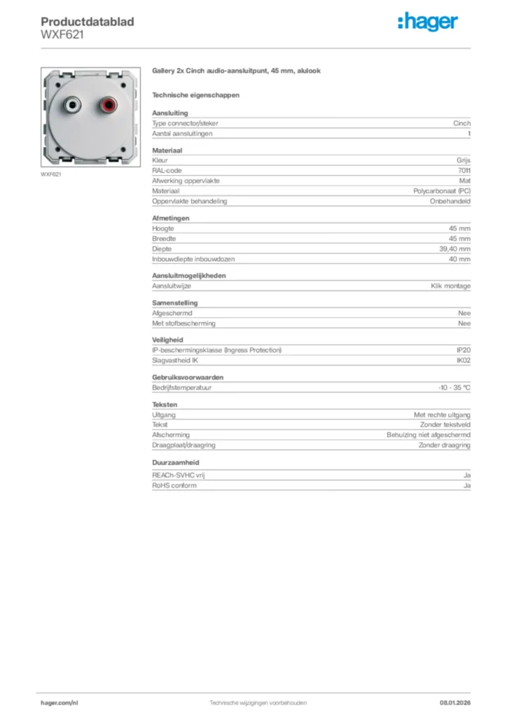 Afbeelding Hager Productdatablad WXF621 | Hager Nederland