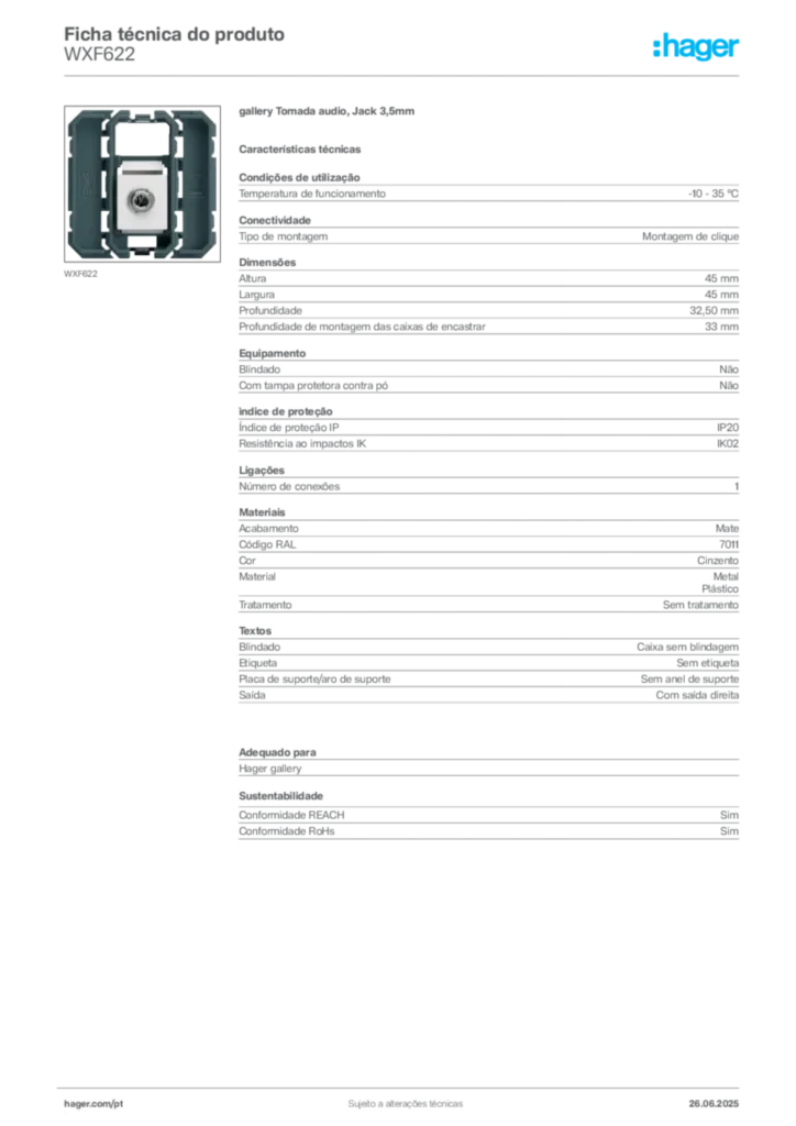Imagem Hager Ficha técnica do produto WXF622 | Hager Portugal