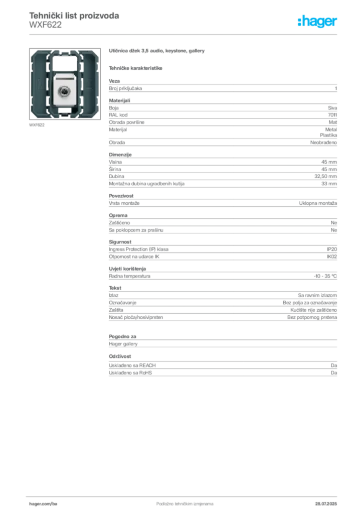 Slika Hager Product data sheet WXF622  | Hager