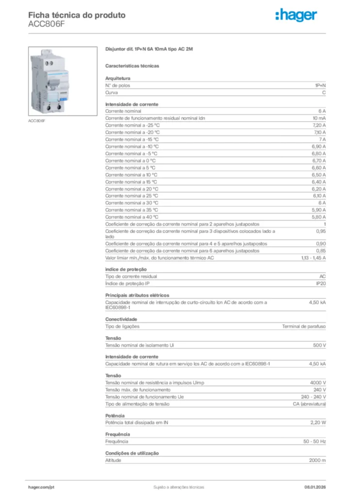Imagem Hager Ficha técnica do produto ACC806F | Hager Portugal