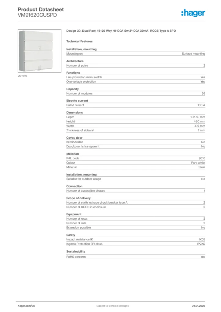 Image Hager Product data sheet VM91620CUSPD  | Hager