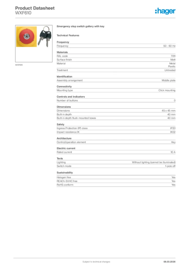 Image Hager Product data sheet WXF610  | Hager Africa