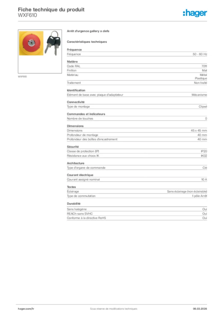 Image Hager Fiche technique du produit WXF610 | Hager France
