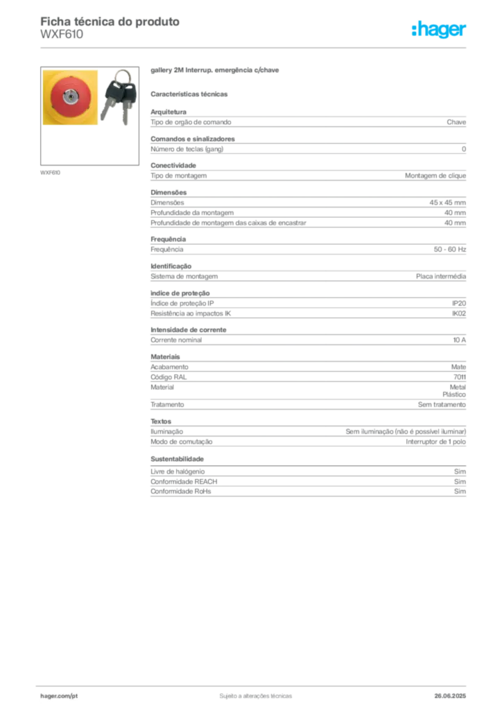 Imagem Hager Ficha técnica do produto WXF610 | Hager Portugal