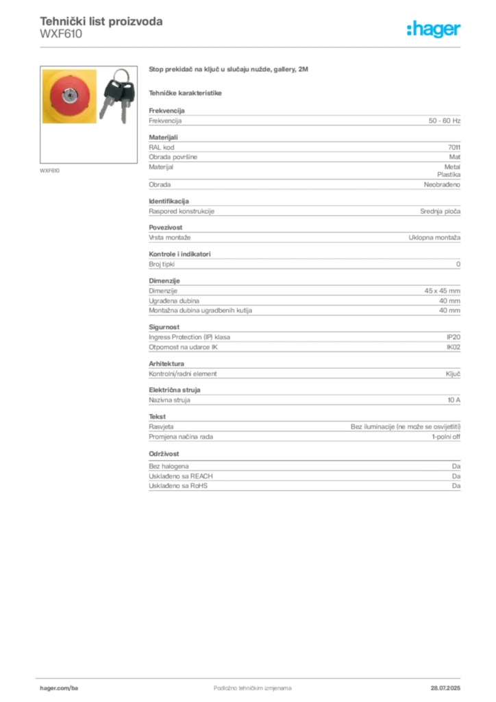 Slika Hager Product data sheet WXF610  | Hager