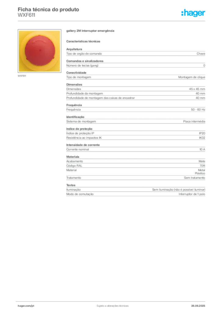 Imagem Hager Ficha técnica do produto WXF611 | Hager Portugal