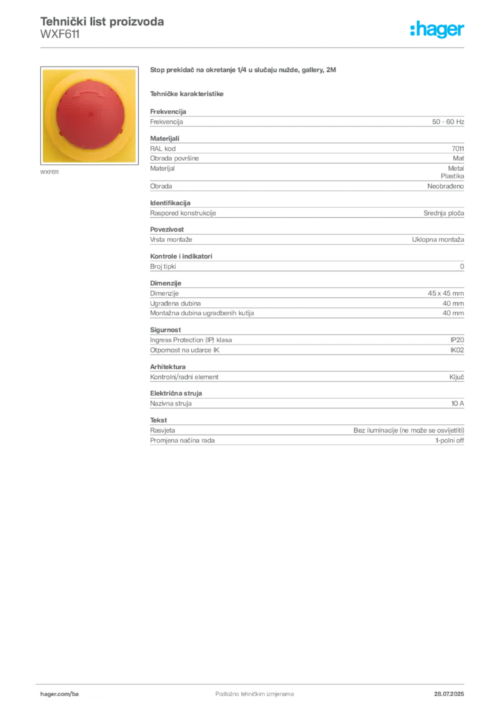 Slika Hager Product data sheet WXF611  | Hager
