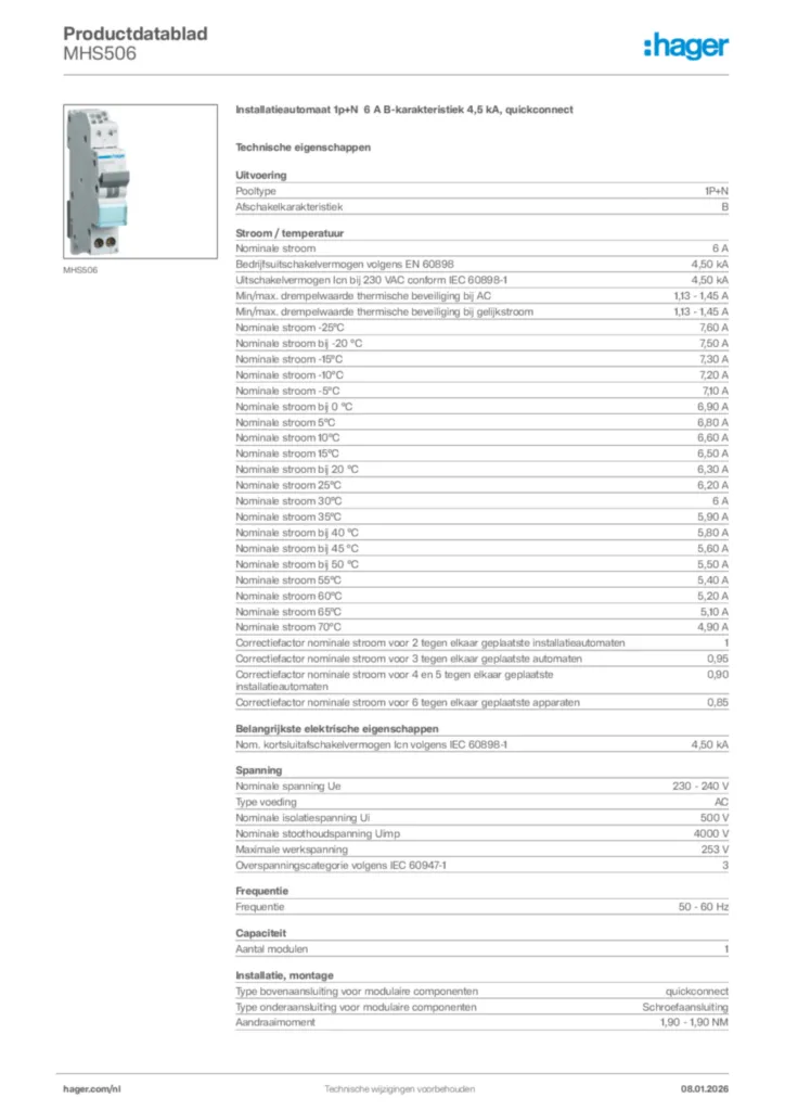 Afbeelding Hager Productdatablad MHS506 | Hager Nederland