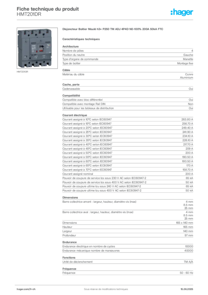 Image Hager Fiche technique du produit HMT201DR | Hager Suisse