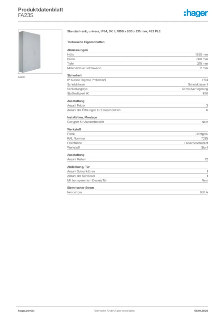 Bild Hager Produktdatenblatt FA23S | Hager Deutschland