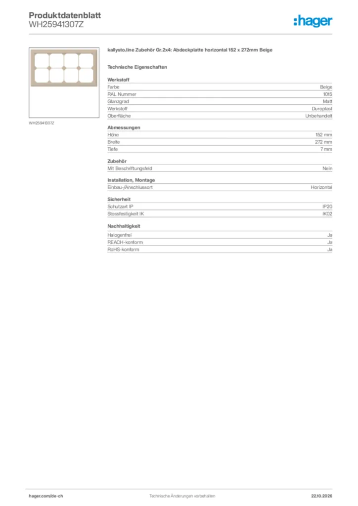 Bild Hager Produktdatenblatt WH25941307Z | Hager Schweiz