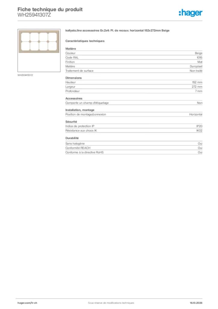 Image Hager Fiche technique du produit WH25941307Z | Hager Suisse