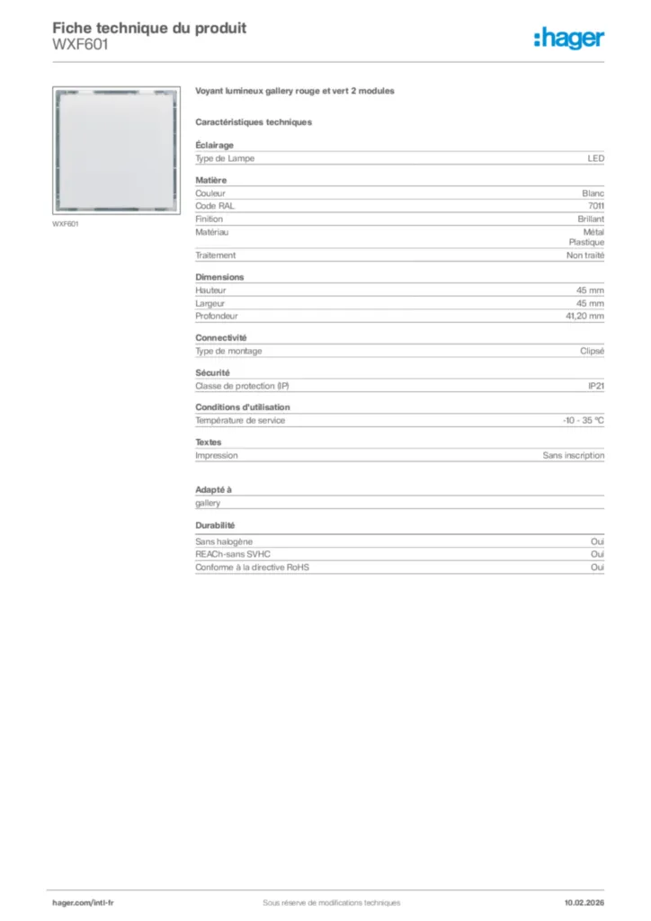 Image Hager Fiche technique du produit WXF601 | Hager Afrique