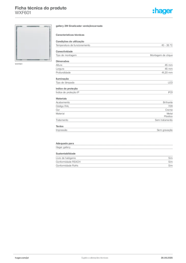 Imagem Hager Ficha técnica do produto WXF601 | Hager Portugal
