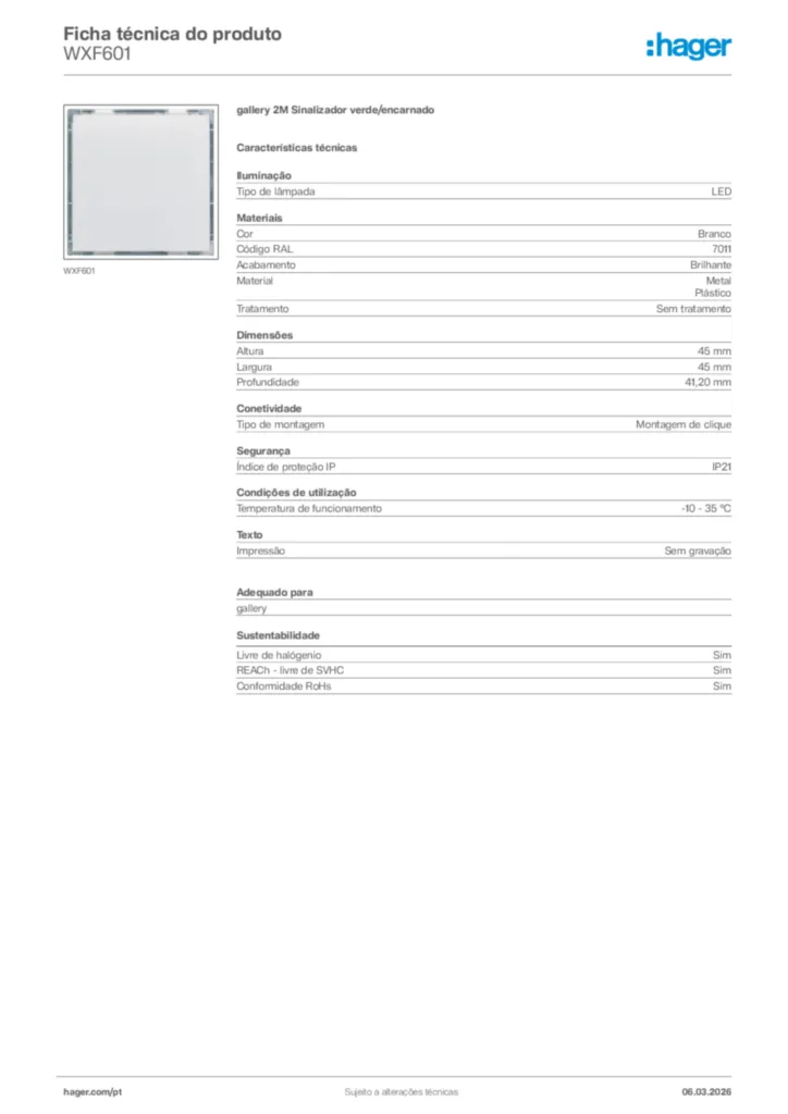 Imagem Hager Ficha técnica do produto WXF601 | Hager Portugal