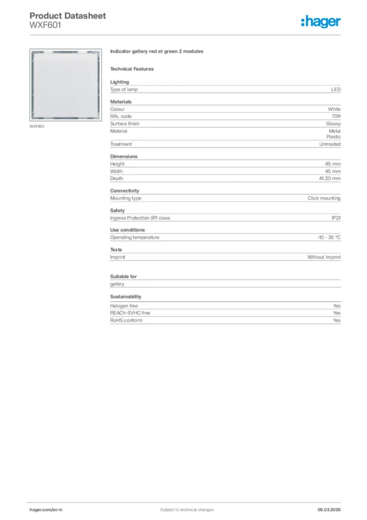 Image Hager Product data sheet WXF601  | Hager