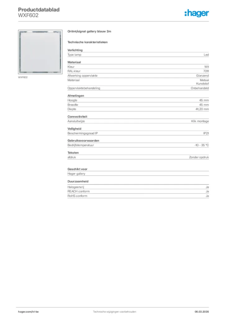 Afbeelding Hager Productdatablad WXF602 | Hager Belgium